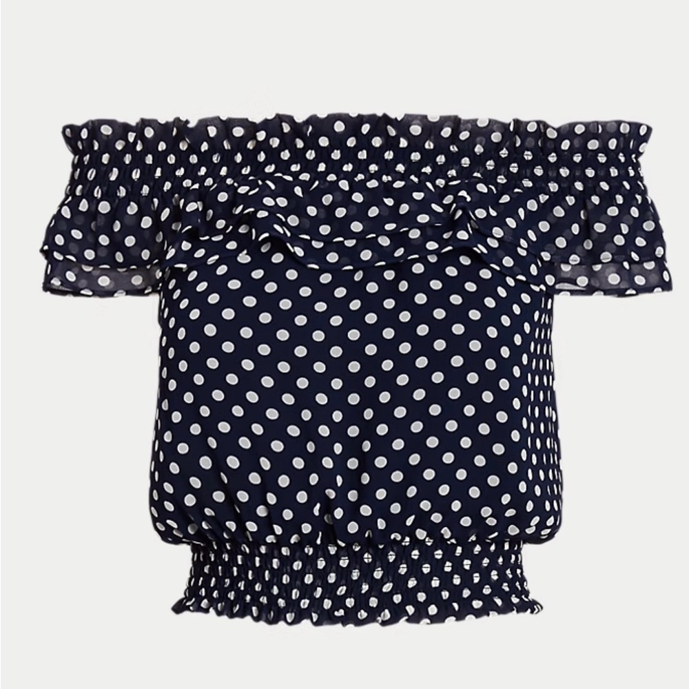Ralph Lauren Navy Polka Dot Off-Shoulder Blouse - Picture 3 of 10